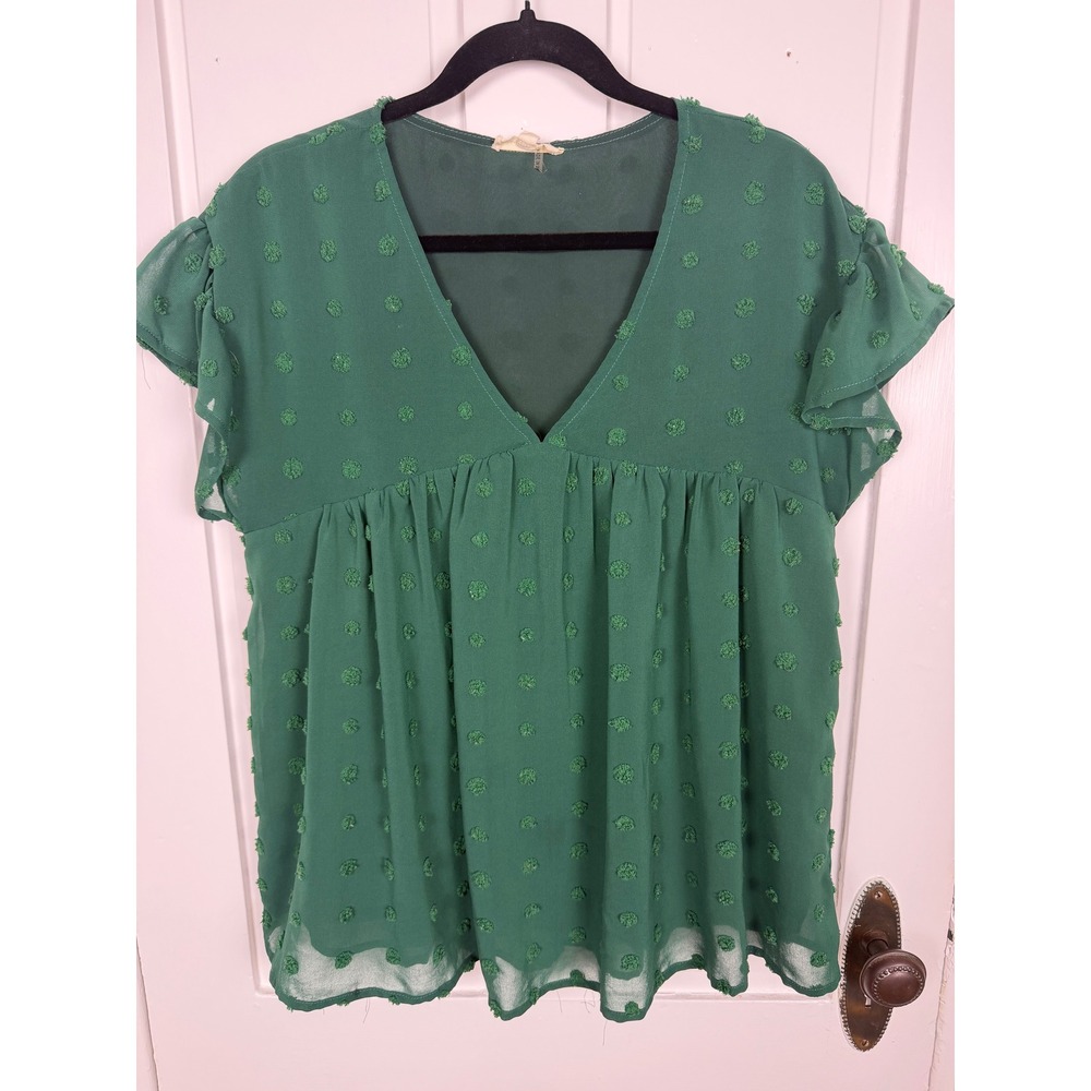 Entro Green Flocked Dot Blouse Women's M Ruffle Flutter Sleeve Sheer Babydoll